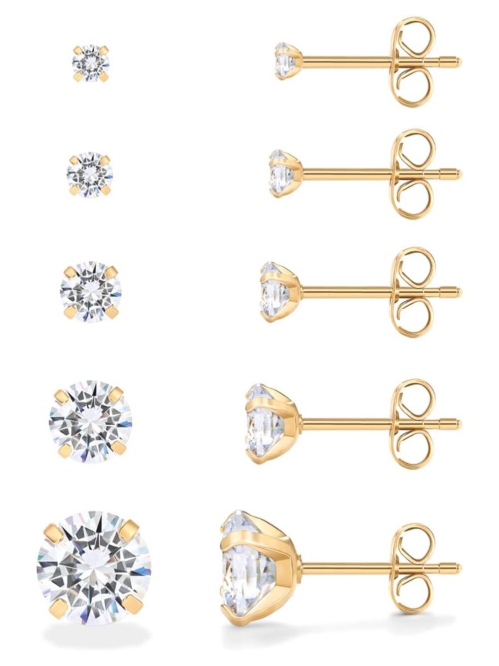 Waterproof CZ Stud Earrings 14K Gold Plated Set of 5